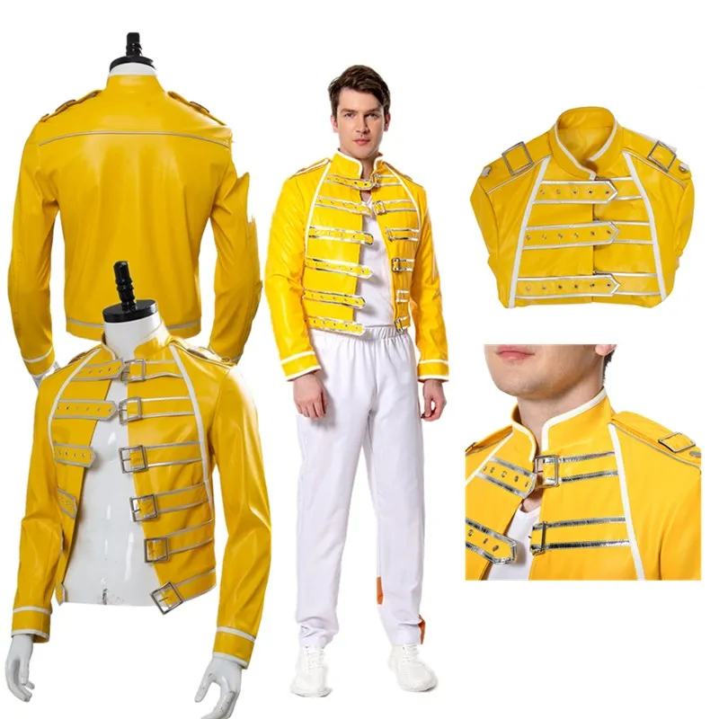 

Костюм для косплея Queen Freddie Cos Mercury для взрослых мужчин желтая куртка пальто брюки наряды на Хэллоуин Карнавал искусственная Маскировка Костюм