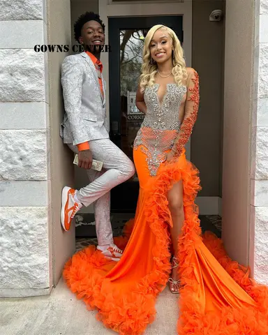 Orange Pärlstav Kristall Tyll Rynkad Släp Balklänningar För Svarta Flickor Hög Slits Sjöjungfru Damklänning Specialanpassad Bröllopsklänning 10 best sales orange balklänningar - №10