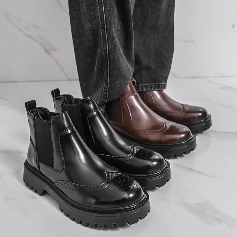 Zimowe retro męskie botki Chelsea podwyższające wzrost, męskie casualowe ultralekkie botki na grubej podeszwie, wysokie buty biznesowe, buty robocze outdoorowe.