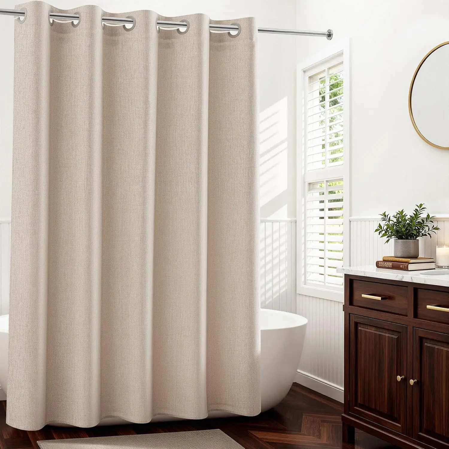 

Linen Textured No Hook Shower Curtain with Snap-in Liner, Farmhouse Quick Dry Fabric for Bathroom, Rustic Water-Repellent Set