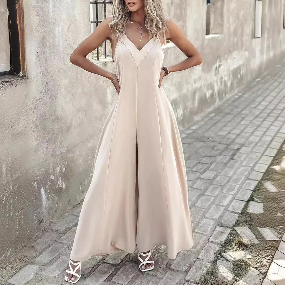 

Широкий комбинезон с завязками и рюшами, женский комбинезон без рукавов с v-образным вырезом, свободные длинные брюки, комбинезон, однотонный комбинезон