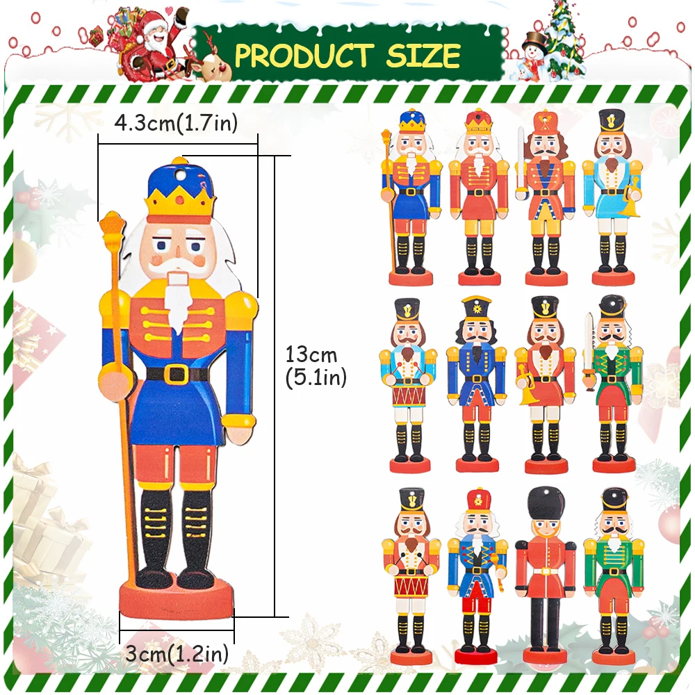 12Pcs Christmas Tree Hanging Decoration Wooden Nutcracker Soldier Pendant Xmas Tree Ornaments Navidad New Year Party Banner Gift