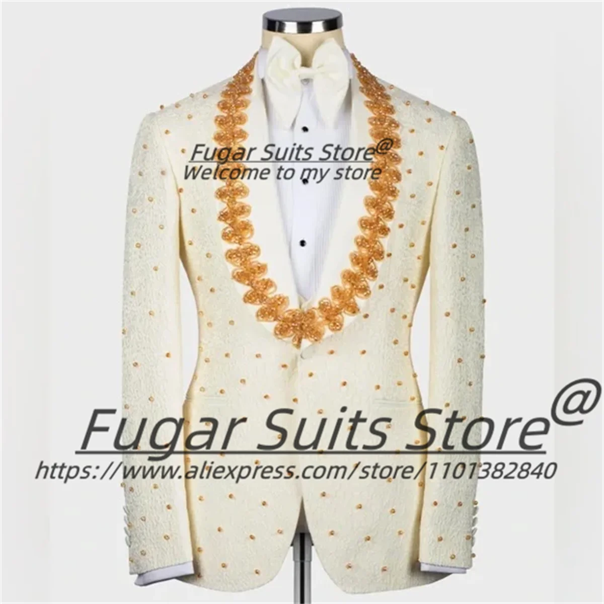 

Luxuly Beadwork Fashion Men Suits Slim Fit Shawl Lapel Groom Wedding Tuxedos 3 Pcs Sets Classic Male Blazers Casual Ropa Hombre