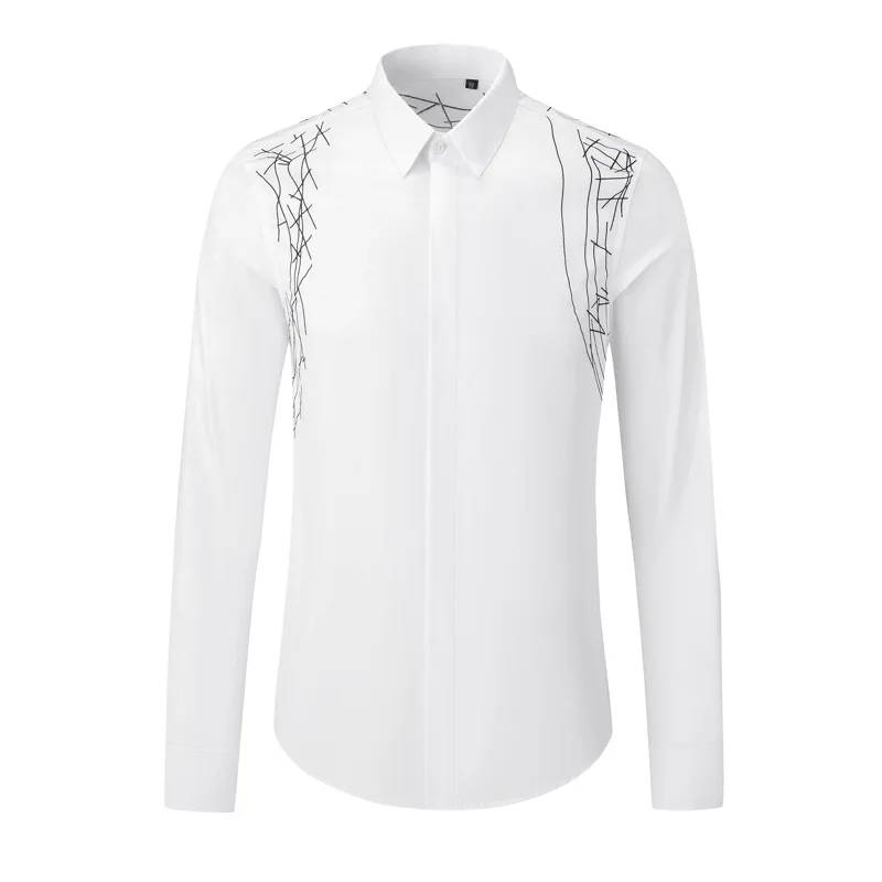 Trendy Autumn Embroidered Men's Long Sleeved Shirt Fashion Casual Business Dress Shirts Versatile Men Social Party Tuxedo Blouse