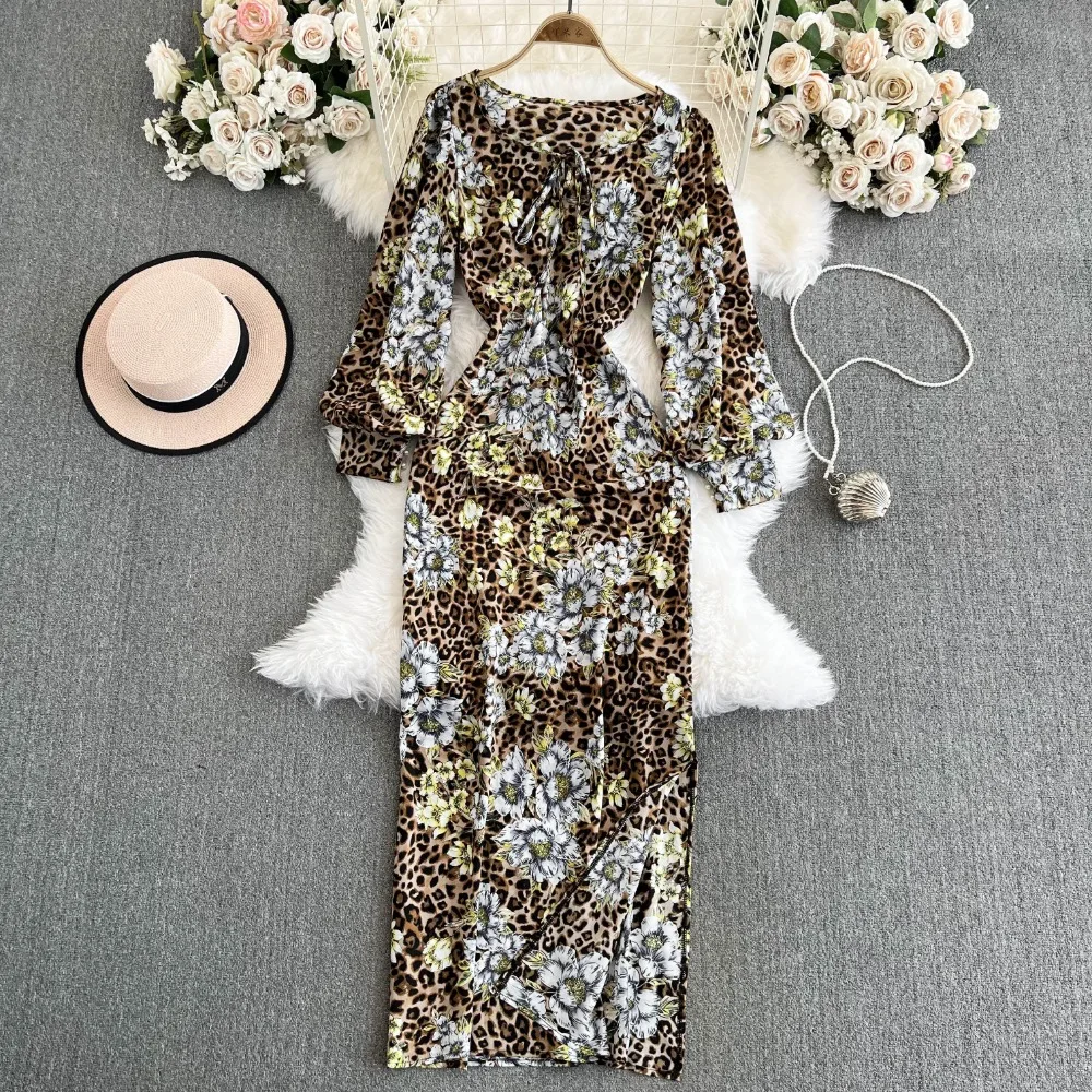 Foamlina French Leopard Print Long Sleeved Dress for Autumen Women's Waist Cinching and Slimming Beach Vacation Travel Outfit