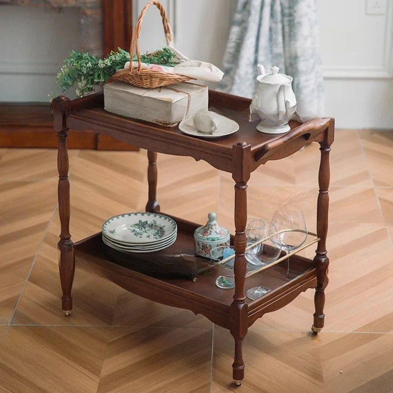 

Solid wood trolley mobile tea and wine cart retro medieval sofa edge several home storage shelves