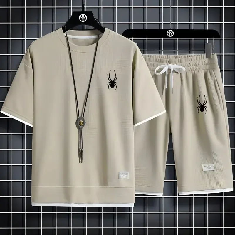 เกาหลี Spider ผู้ชายแขนสั้นเสื้อยืดและกีฬากางเกงขาสั้นฤดูร้อนชุดลําลอง Joggers ชุดผู้ชาย 2 ชิ้น