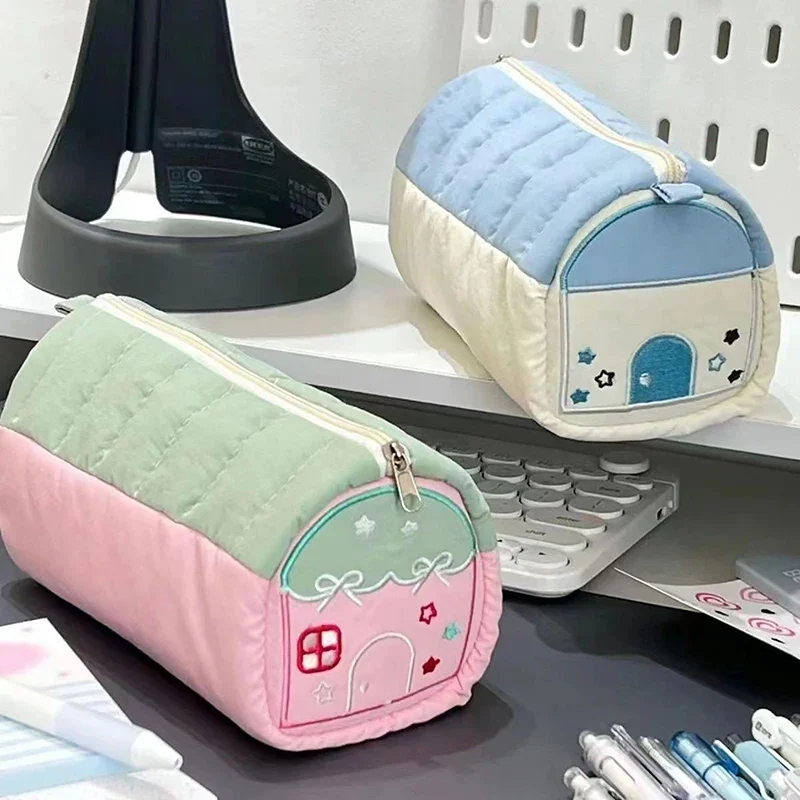 

1 PC Multi Functional Embroidery Stationery Box Large Capacity Pen Bag Simple Pink Blue House Pencil Case School Storage Bag