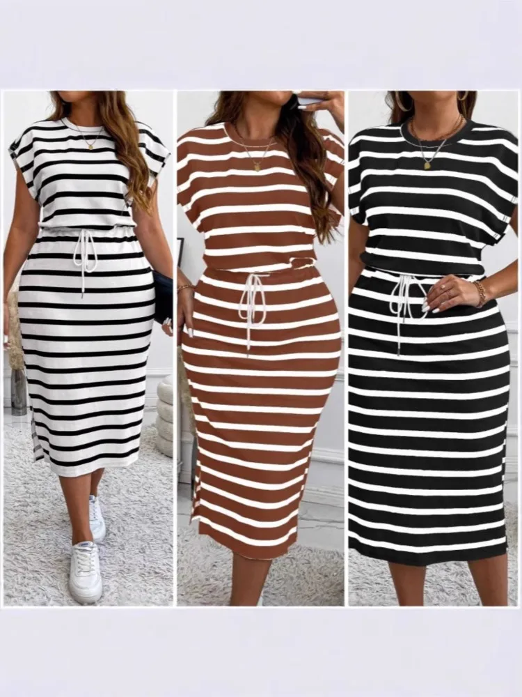 2025 Casual Striped Printed Short-sleeved Women's Dress Summer Fashion Cinched Waist Lace Up T Shirt Female Sports Dresses