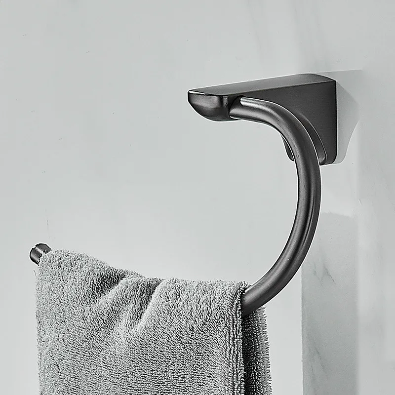 Gun Grey 304 Stainless Steel Bathroom Towel Ring/Rack Bath Hardware Shelf Nail Punched Wall Mounted Round Left Right Type