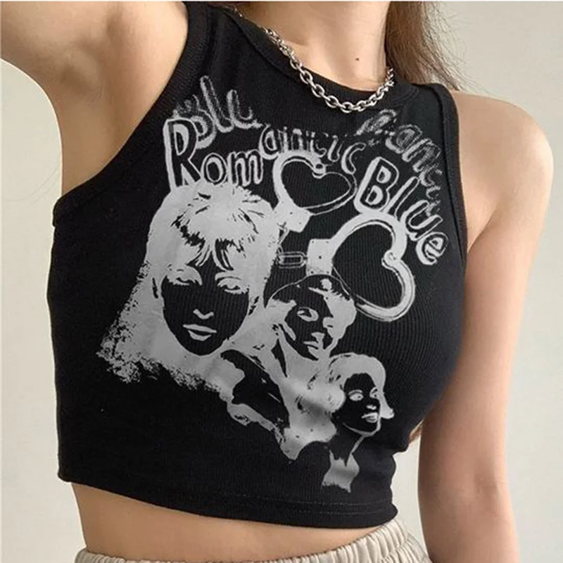 

Y2k Cartoon Print Knit Mini Vest Sleeveless New Pattern Black Korean Retro Spice Summer Basic Casual Undershirt New
