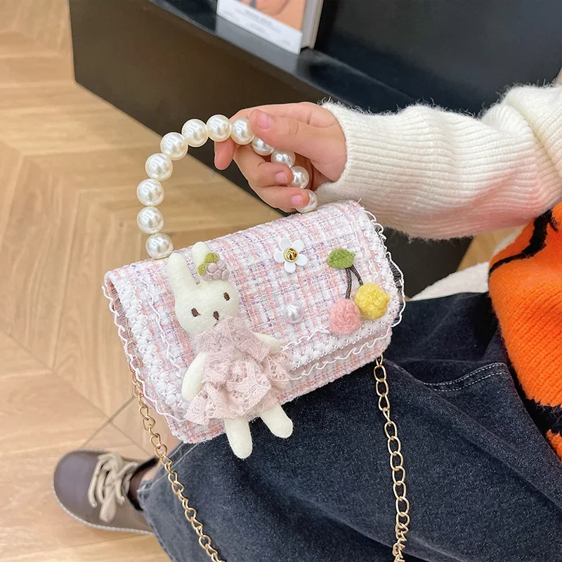 Casual Sweet Bunny Children's Pearl Handle Shoulder Bags Cute Baby Girls Small Square Crossbody Bag Plaid Knit Kids Handbags