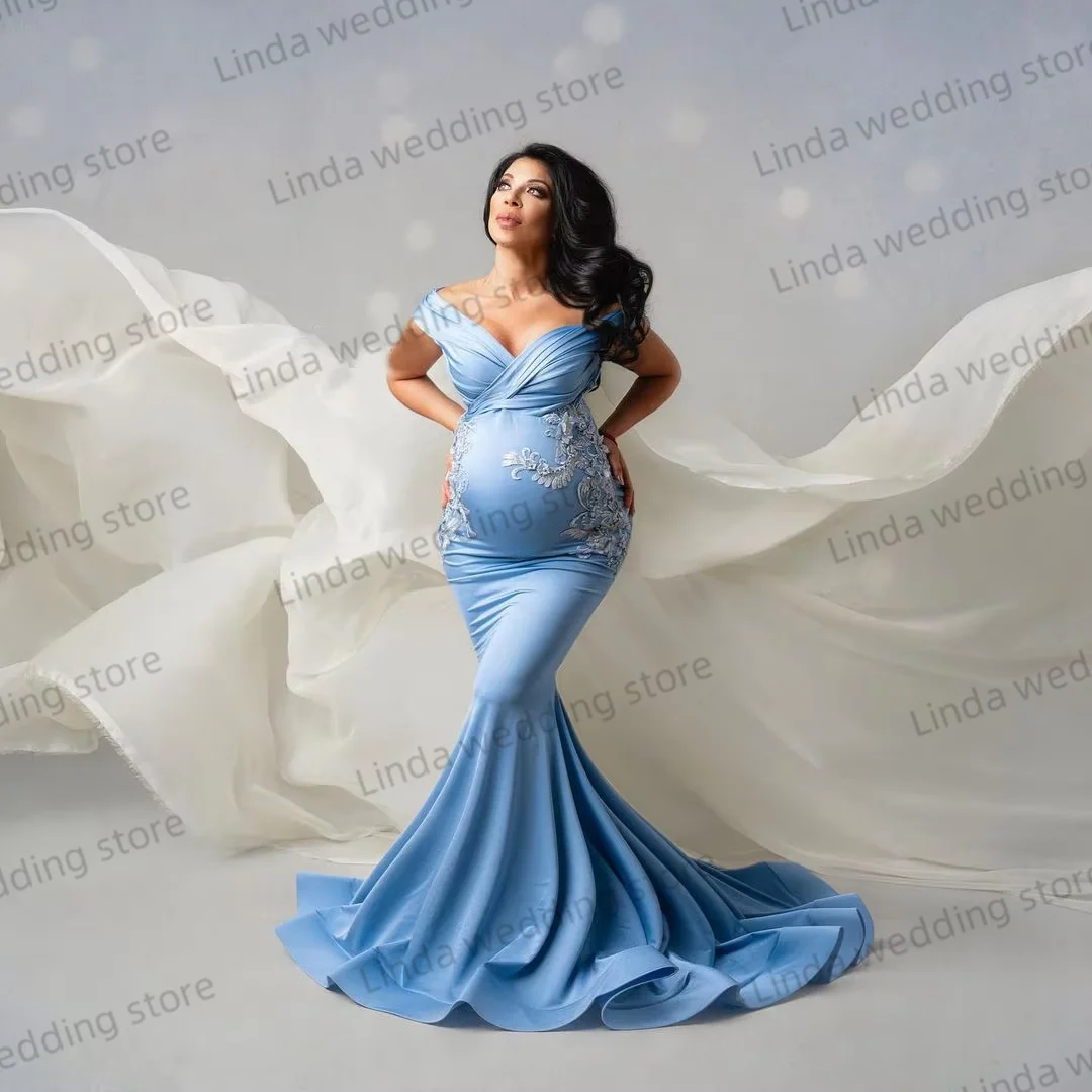 Blue Mermaid Maternity Dresses for Photo Shoot Off the Shoulder Pregnancy Maternity Gown Lace Appliqued  Babyshower Dress