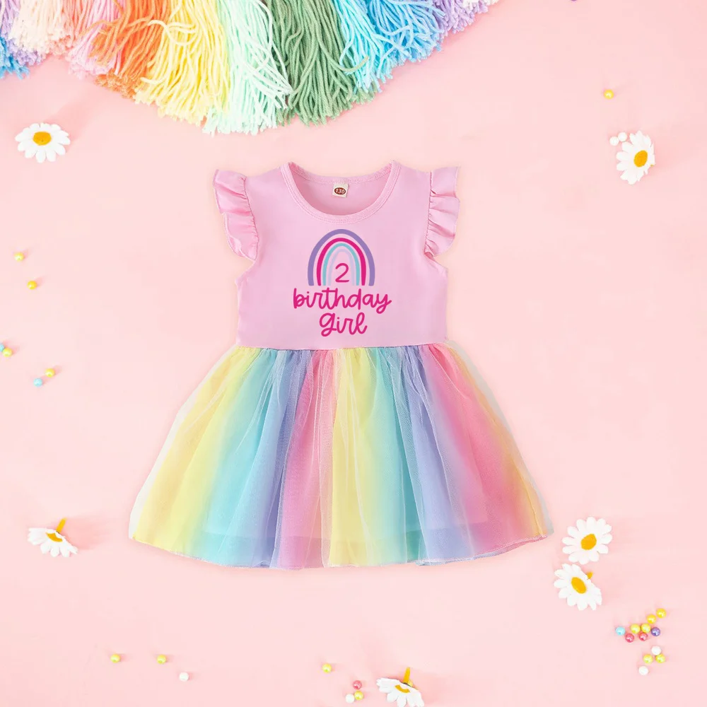 Baby Girls Birthday Outfits Dresses Rainbow Print Tutu Dress Set Kids Clothes Birthday Party Outfits Casual Princess Dresses