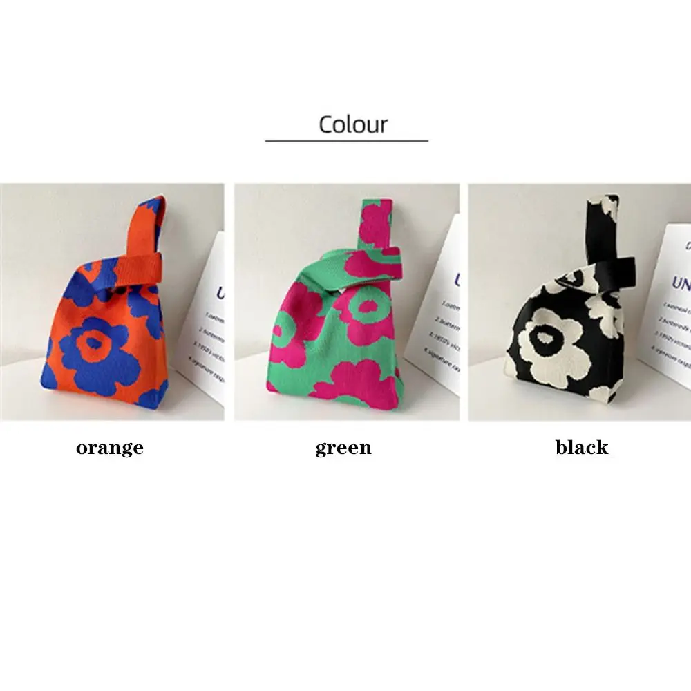 Handmade Knit Handbag Women Flower Knot Wrist Bag Casual Tote Bag Girls Reusable Shopping Bags