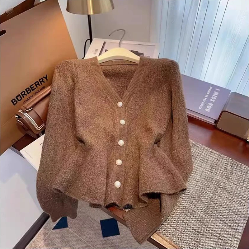 Szykowny, krótki sweter rozpinany damski koreański Vintage elegancki wąski top z dzianiny jesień Kawaii słodki sweter z guzikami płaszcz damski nowy