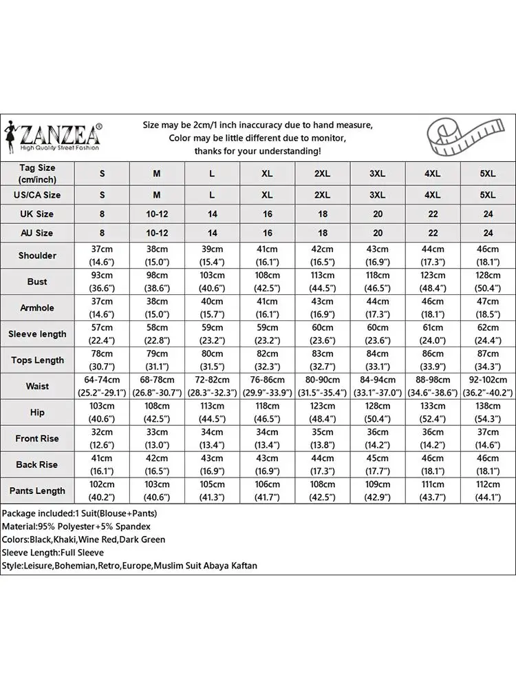 ZANZEA Woman Muslim Outifits Fashion Vintage Loose Sets Long Sleeve Patchwork Blouse Wide Leg Pant Islamic Clothing Suit 2023