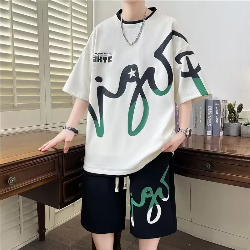 2026  Men's new Waffle TZ80 Summer Suit  Casual T-shirt + Shorts Suit Men's Tracksuit Solid color tracksuit loose suit 2XL 5XL