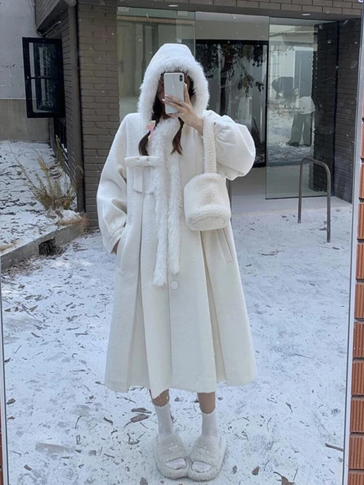 White Hooded Woolen Coat Women's Winter New Sle Korean Sweet Cute Loose Woolen Coat Mid-Length Single Button Closure