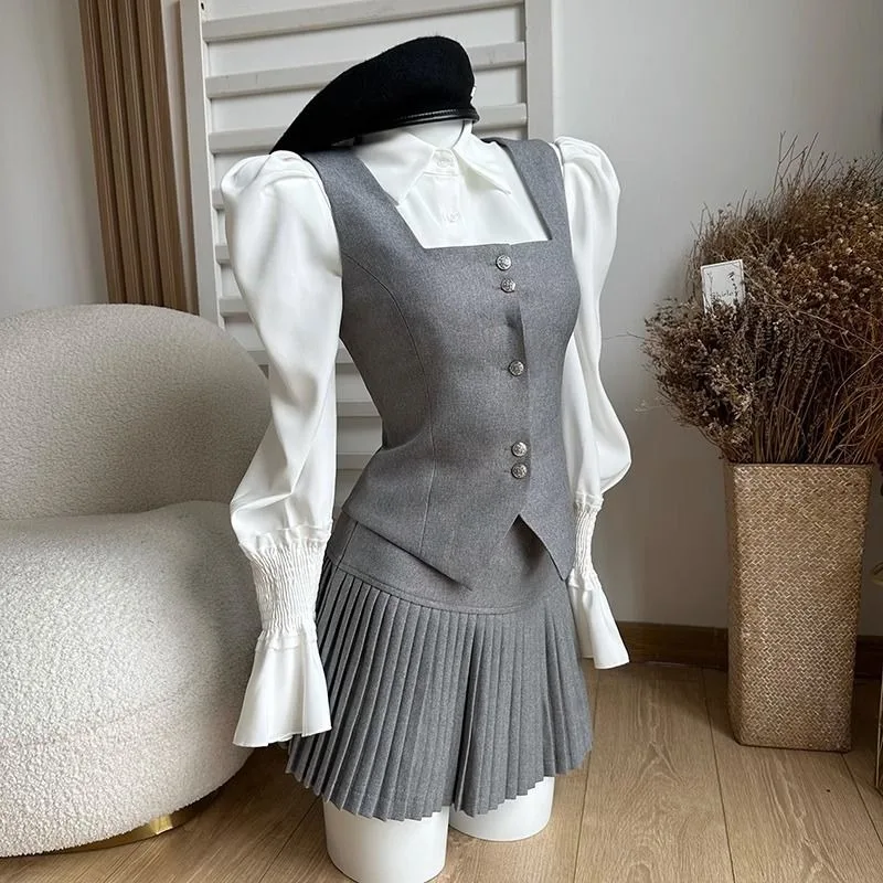 Neploe Fashion Simple Puff Sleeve White Shirts Women+ Slim Fit Vest+ High Waist Ruched Skirts 2024 Spring New Three Piece Sets