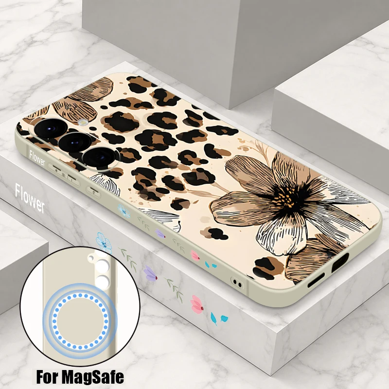Magnetic Vintage Flower Pattern Phone Case For Samsung Galaxy S25 FE S26 S24 S23 S22 Ultra Plus For Magsafe Lanyard Soft Cover