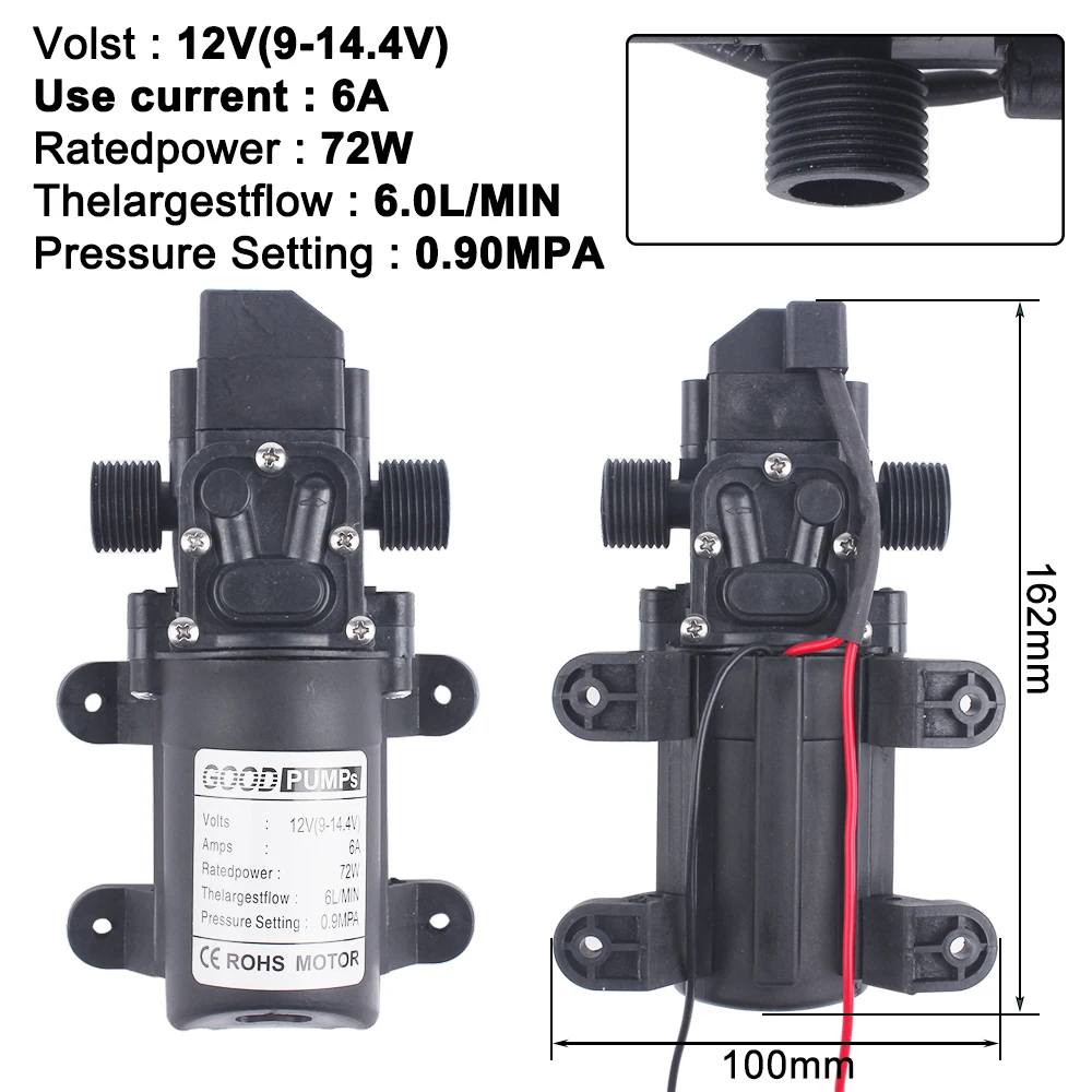 DC 12V 130PSI 6L/Min G1/2 Water High Pressure Diaphragm Self Priming Pump 70W for car cleaning Smart switch inside