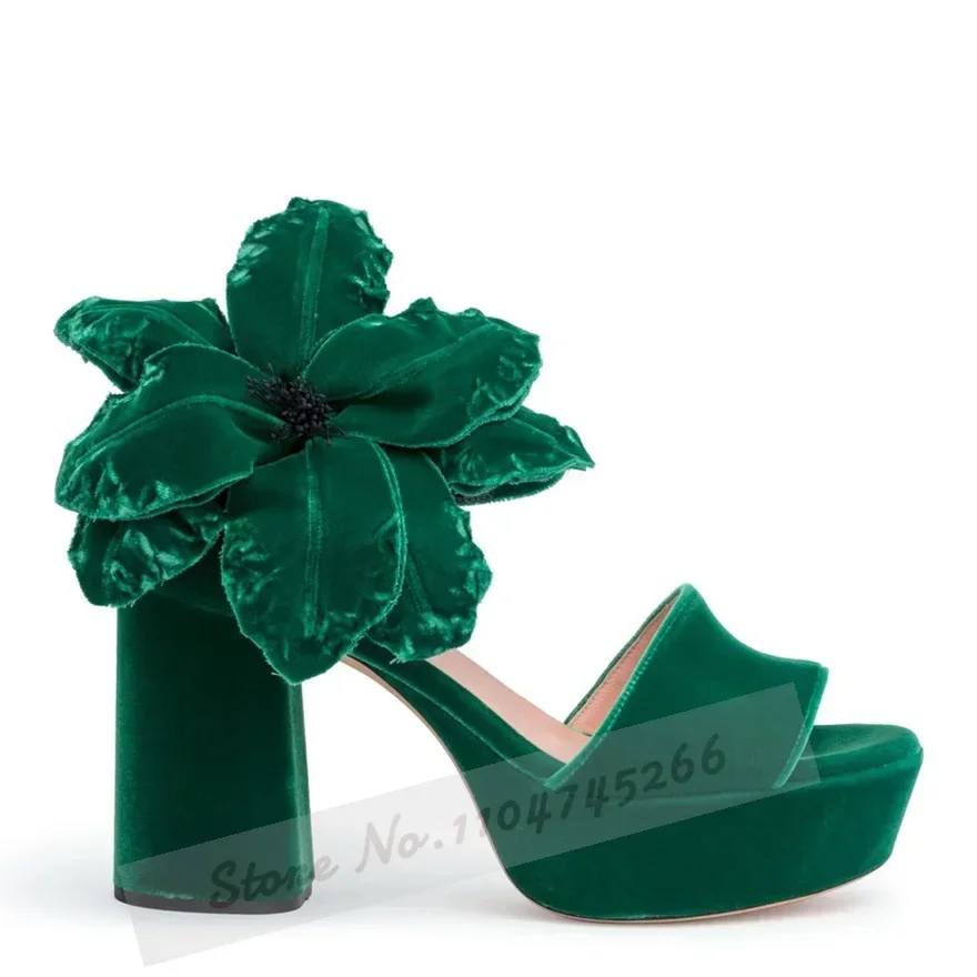 

Women Emerald Green Velvet Big Flowers Sandals Strange Chunky Heel Platform Dress Shoes Blossom Floral Embellished Banquet Pumps