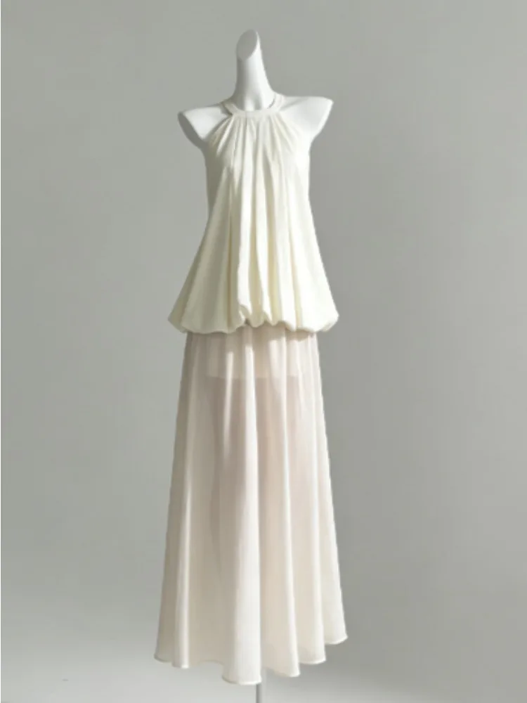 

French Style White Halter Dress Summer Elegant Slim Fit Vacation Outfit Fashion Short Maxi Dress for Ladies Women 2026 Fashion