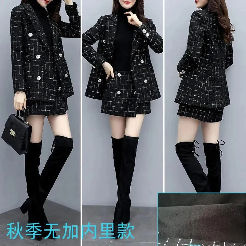 2022 Autumn Winter New Style Thickened Woolen Plaid Coat Slim Bag hip Skirt Pants Fashionable Temperament Two-piece Suit Female