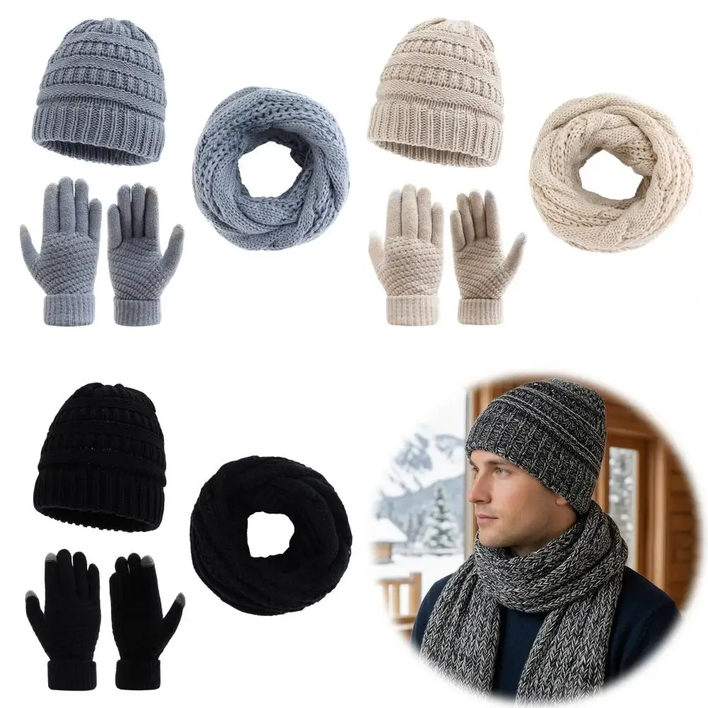 Touch Screen Winter Gloves Winter Thermal Three-piece Set Thick Knit Hat Scarf Gloves Kit Weather Ear Protection for Outdoor