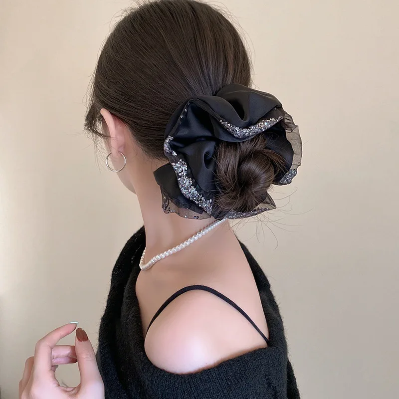 Übergroße Haargummis aus Seidenkristall für Frauen, übertrieben, glänzender Strassstein, schwarze Netz-Kopfbänder, modischer Haarschmuck