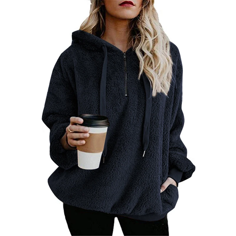 2024 Autumn and Winter New Women's Street Style Long-sleeved Zipper Hooded Solid Color Women's Sweater Sweater Thick Warm Jacket