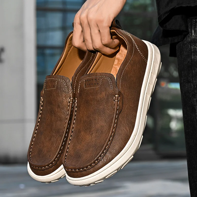 New Men's Loafers Casual Fashionable Trendy Slip-On Shoes Comfortable Model Round Toe Low Heel Rubber Bottom Leather Upgraded