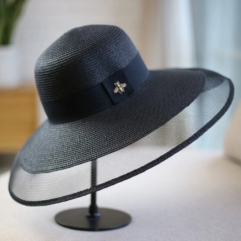 Hepburn style elegant mesh hat women's wide-brimmed foldable