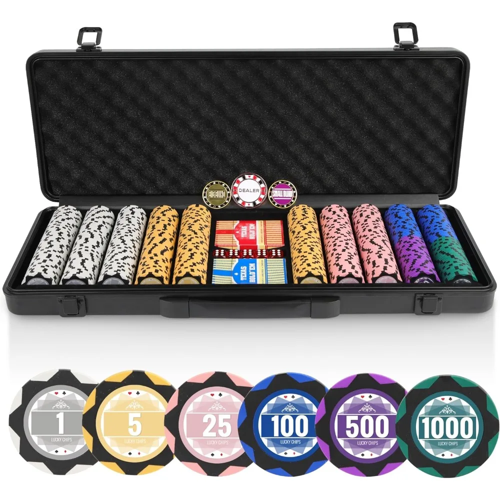 

500 PCS Poker Set with 14 Gram Numbered Clay Chips, Texas Hold’em Chip Sets with 2 Decks of Plastic Playing Cards, for Blackjack