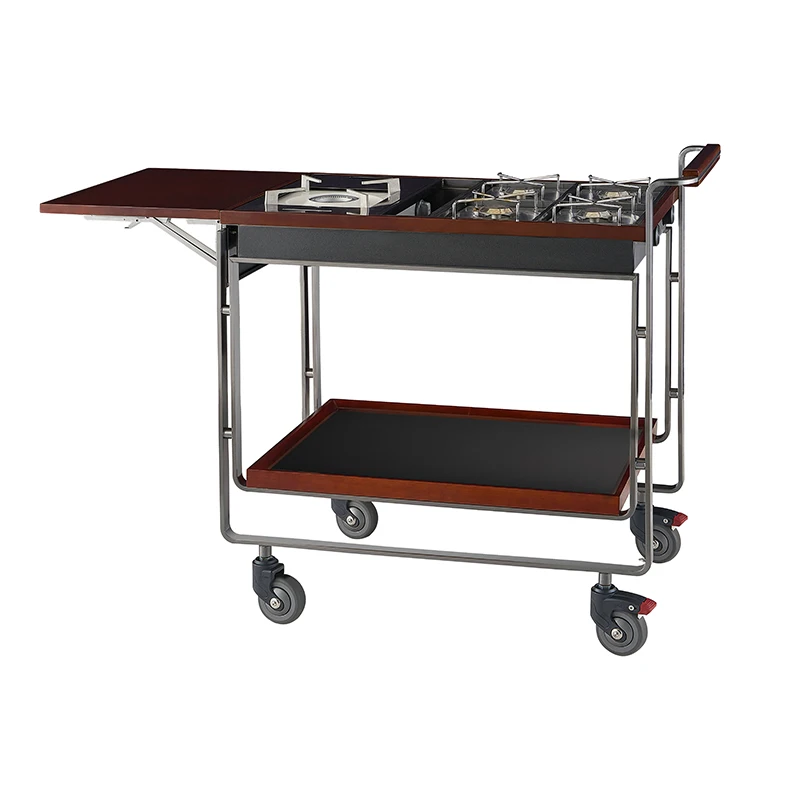 Layer Stainless Steel & Rubber Wood Food Trolley Restaurants Mobile Flambe Cooking Cart Five-head Stoves Home Resort Supplies