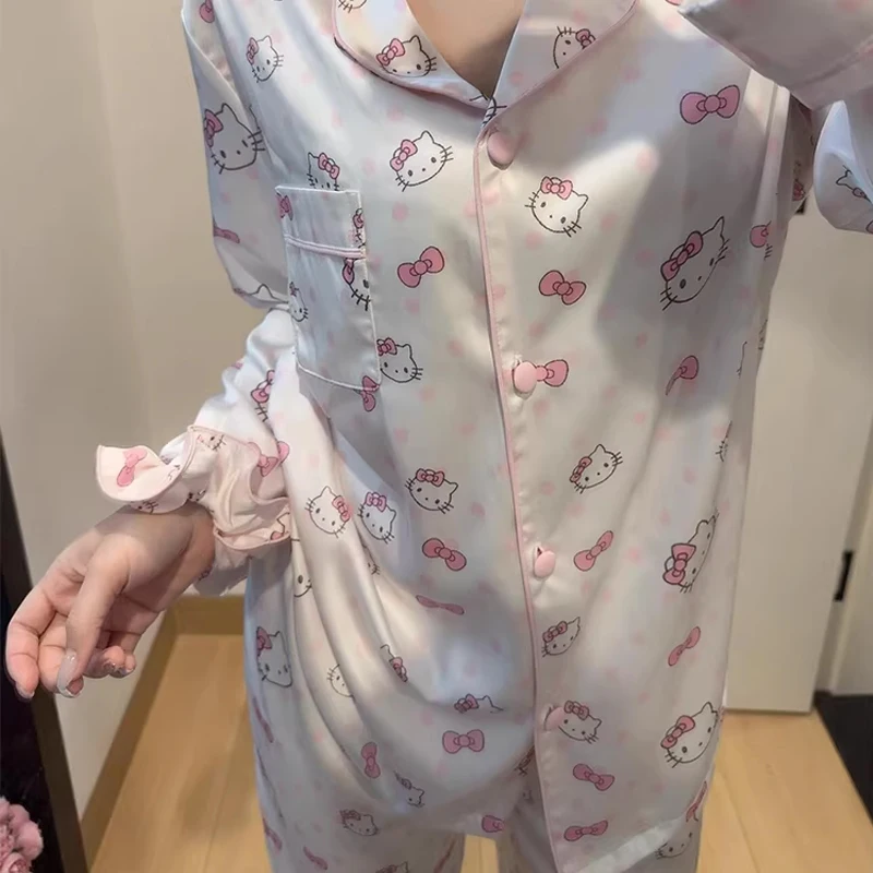 Novos Pijamas Sanrio 2 Peças Hello Kitty com Poás Estilo Princesa Feminino Outono Novo Conjunto de Roupas de Dormitório com Mangas Longas