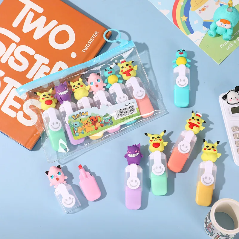 Mini resaltador en bolsas de muñecos de Pokémon, 6 uds., dibujos animados, 6 colores, manual Diy, bolígrafo, marcador para estudiantes, suministros de papelería, venta al por mayor