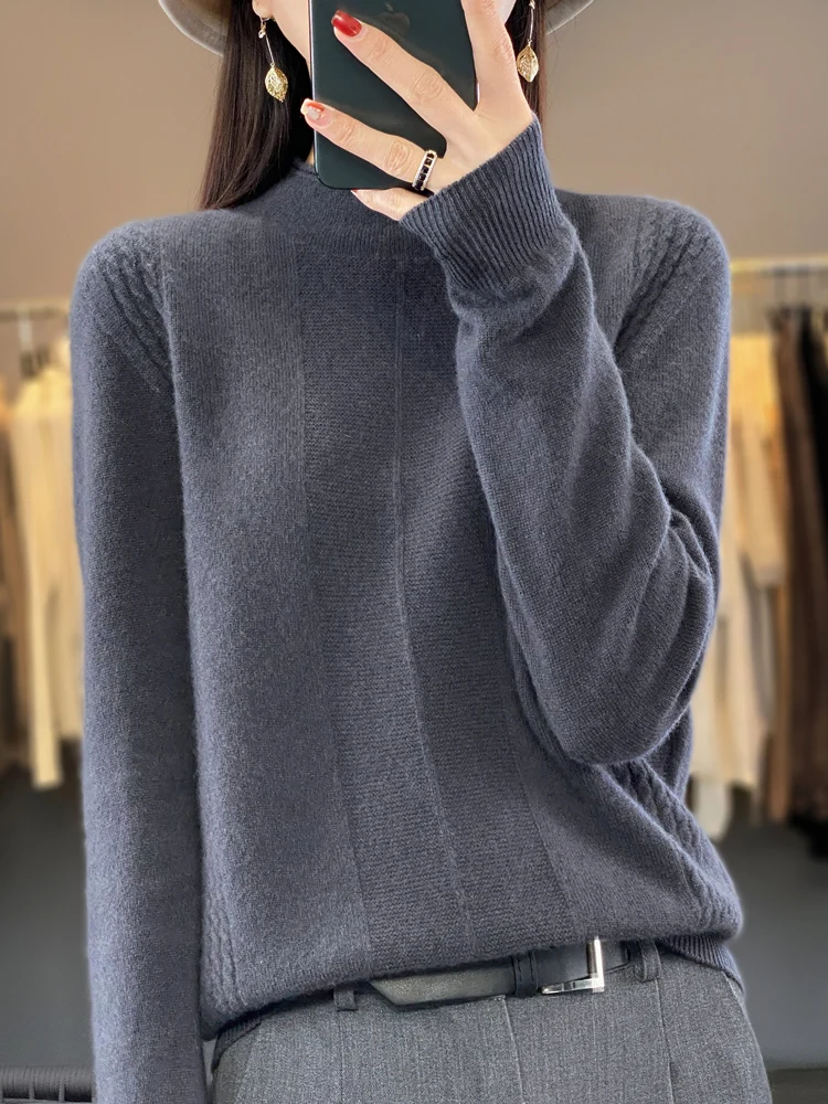 2024 Autumn Winter Women 100% Merino Wool Sweater Striped O-Neck Pullover Knitwear Casual Undershirt Cashmere Clothing Tops