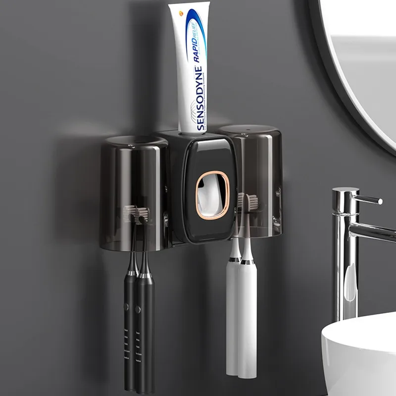 Black Bathroom Accessories Automatic Toothpaste Dispenser Wall Mount Dust-proof Toothbrush Holder Storage Rack Holder Wall Case