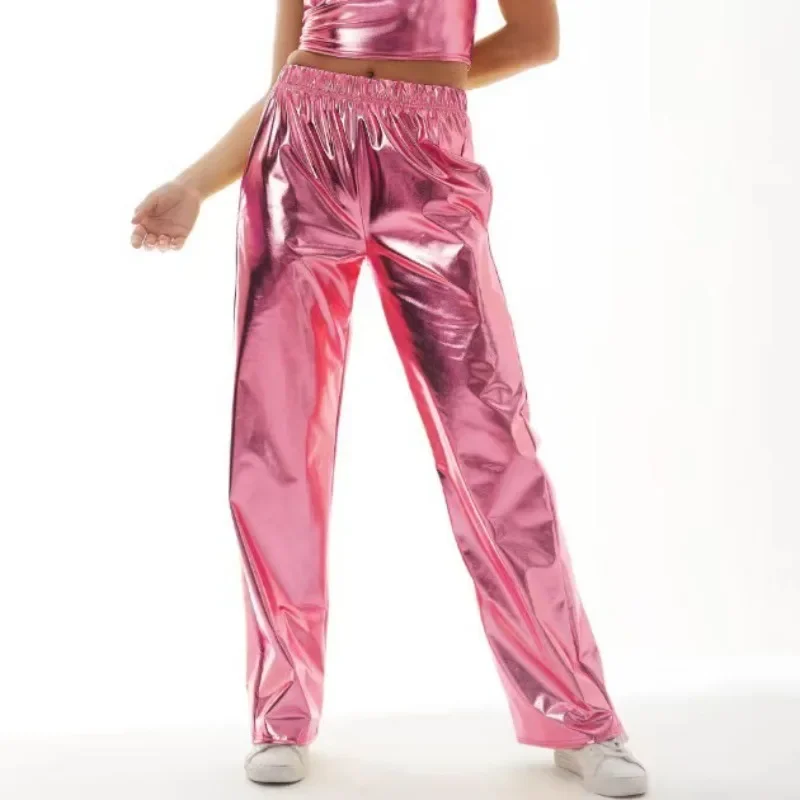 Men and Women Spring and Fall Bronzed Patent Leather Street Hip-hop Party Fancy PU Leather Casual Elastic-waist Pants