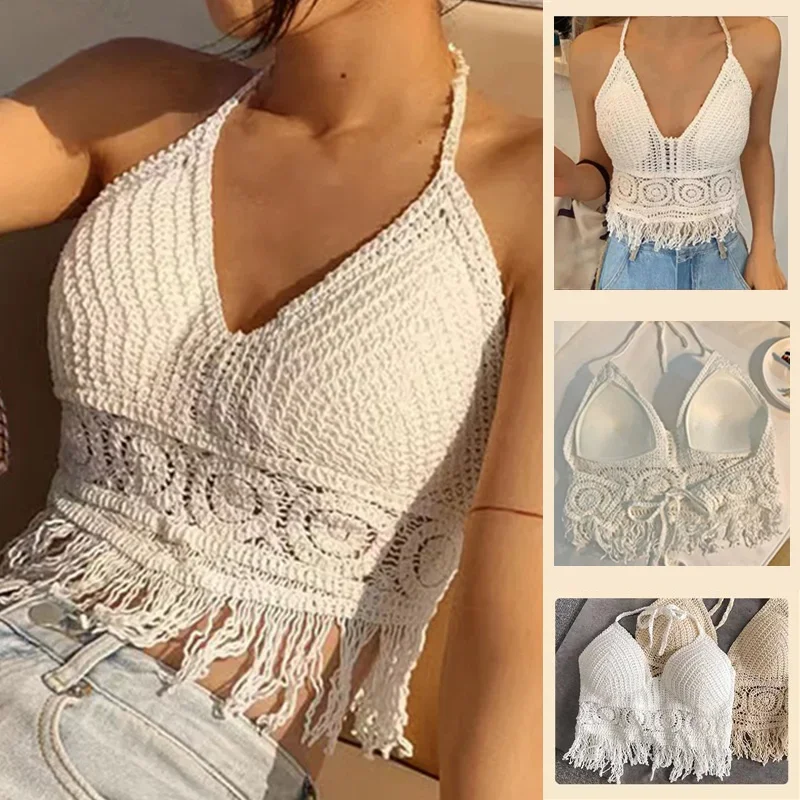 2024 Summer  Beach Short Crop Top for Women Lightweight Hollow Out Crochet Tassels Hem Halter Bras Bustier with Chest Pads