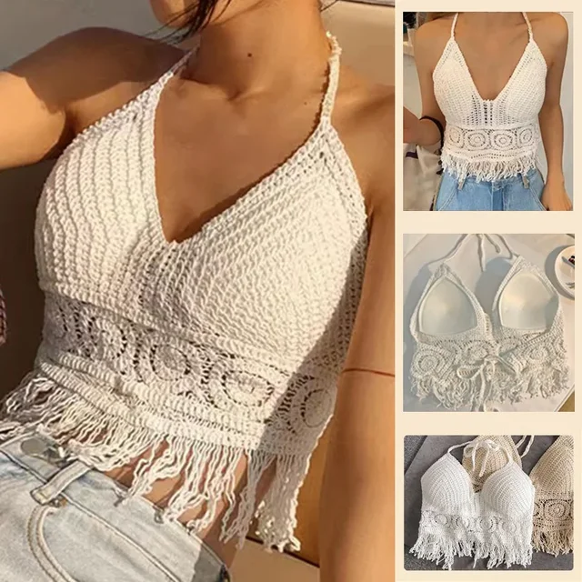 2024 Summer Sexy Beach Short Crop Top dla kobiet Lightweight Hollow Out Crochet Tassels Hem Halter Bras Bustier z wkładkami na klatkę piersiową