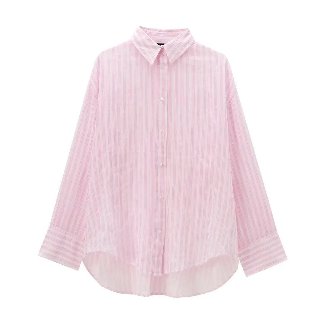 Tangada 2024 Women Oversized Striped Cotton Blouse Shirt Long Sleeve Chic Female Loose Top 3H0479