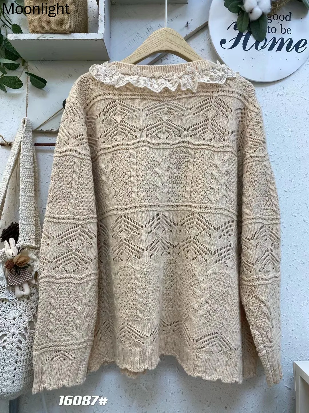 Sweet Lace Knitting Hollow Out Cardigan Coat Women Autumn Winter Japan Mori Girl V-Neck Single Breasted Long Sleeve Sweater