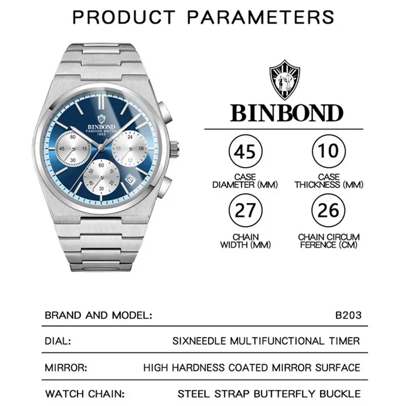 BINBOND 2024NEW mens military sports three-eye six-hand chronograph watch luminous multi-functional fashion men\'s business watch