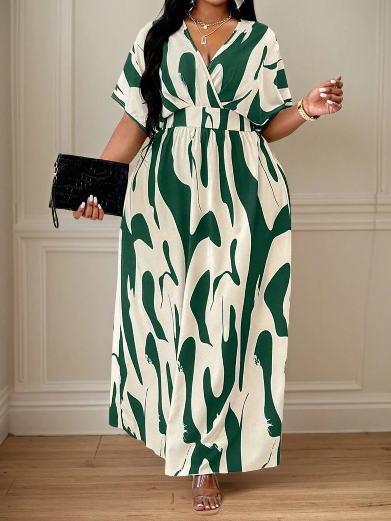 

Plus Size V-Neck Wrap Short Sleeve Maxi Dress Summer Elegant Print