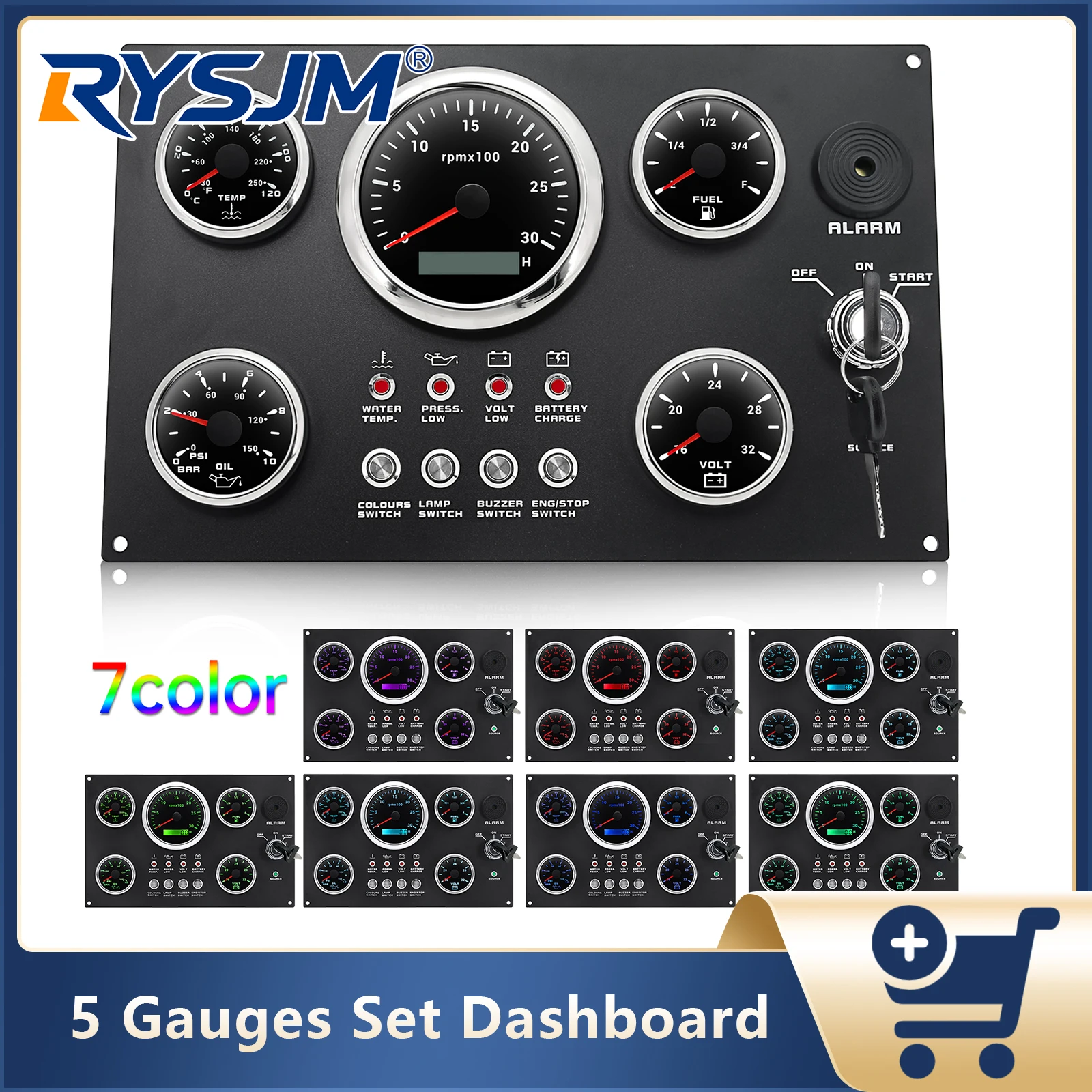 5 Gauges Set Panel RPM Tachometer+Water Temp Meter+Fuel Level Gauge+Oil Pressure Gauge+Voltmeter For Marine Boat 12V 24V