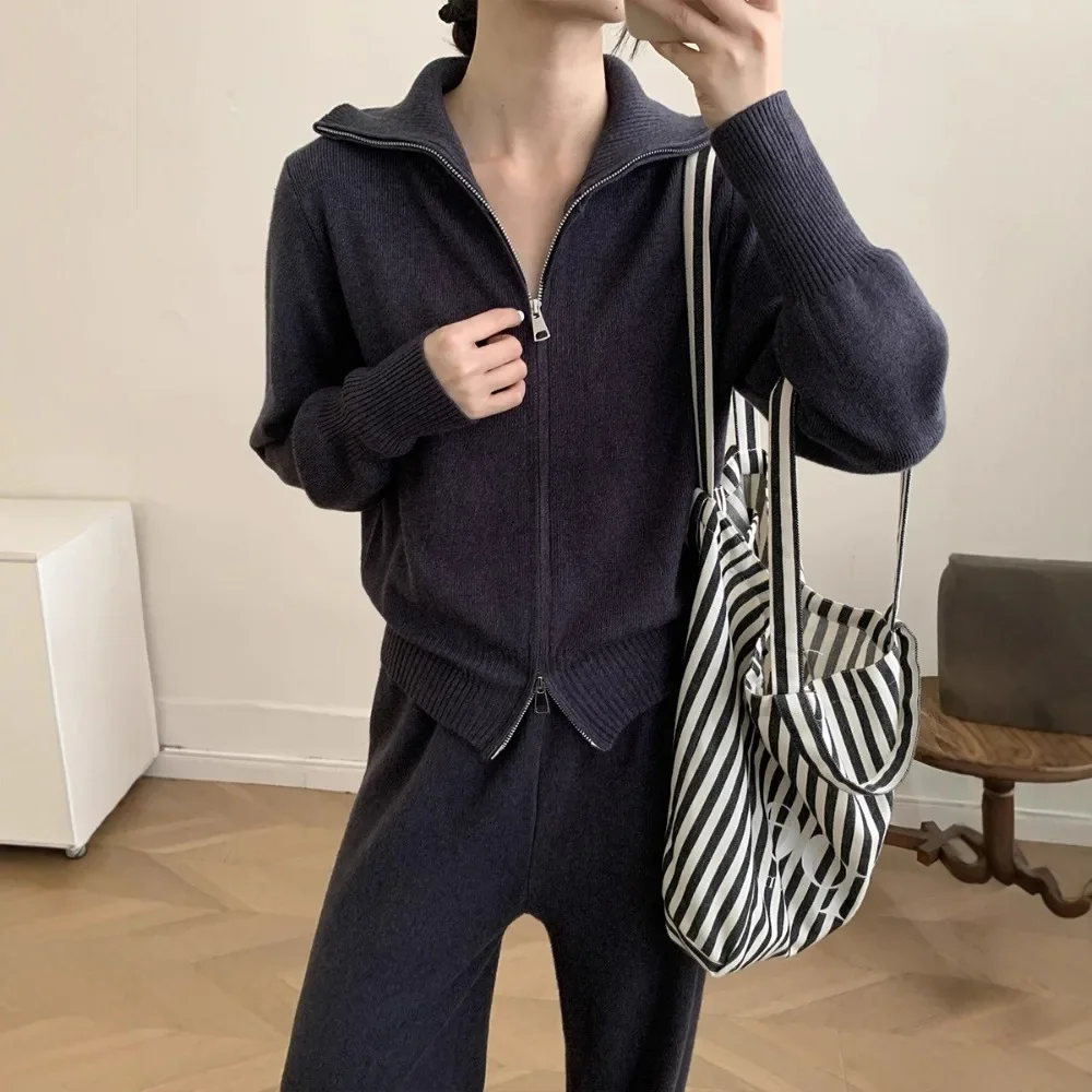 Women Lazy Style Knit Two Piece Set Autumn Winter Open Cardigan Sweater Casual Matching Outfit Ladies Cozy