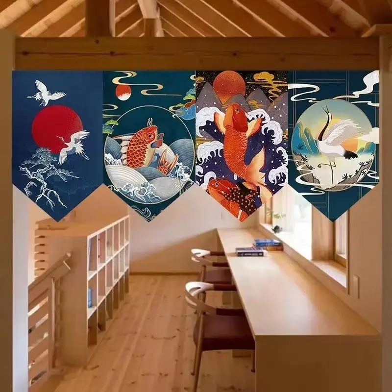 VIKAMA Japanese Maneki-neko Koi Waves Triangle Banner Curtain Retro Ukiyo-e Room Divider Curtain for Home Decor